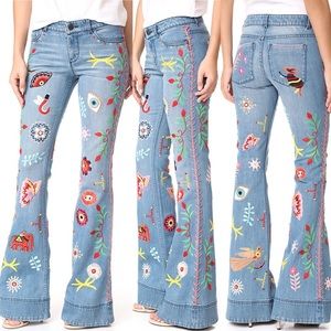 Alice+Olivia Ryley Embroidered Low Rise Bell Jeans